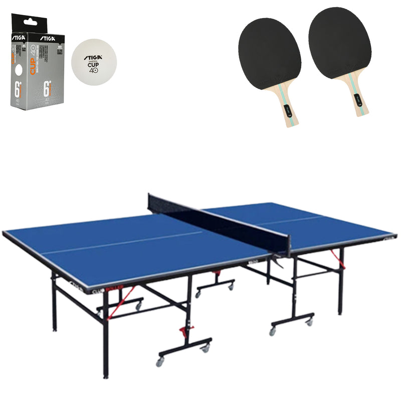 Bundle Stiga Club Roller Indoor Table Tennis Table With Net + 2 x Stiga Rackets + 6 x Table Tennis Balls
