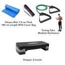 Boost Essentials Pack ( Fitness Mat 1.5 cm with Cover Bag - Stepper and Toning Tube Resistance Band)