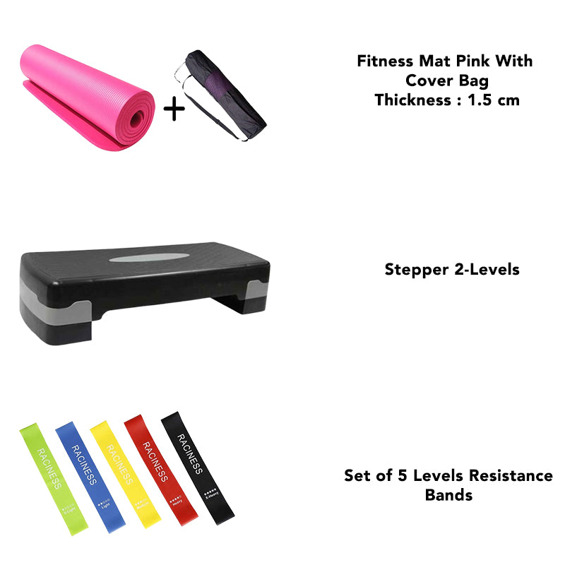 FitCore Essentials Pack ( Mat + Stepper + 5 Resistance Bands )