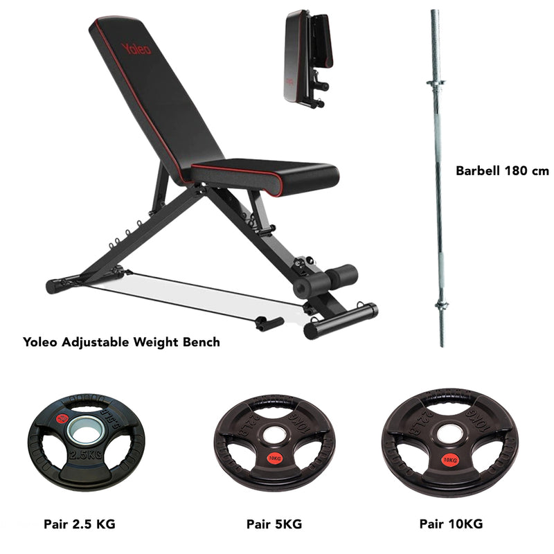 Ultimate Strength Training Set – Yoleo Edition ( 35KG in Rubber Plates) Yoleo Adjustable Bench + 180cm Barbell + Weight Plates (2.5KG, 5KG, 10KG)